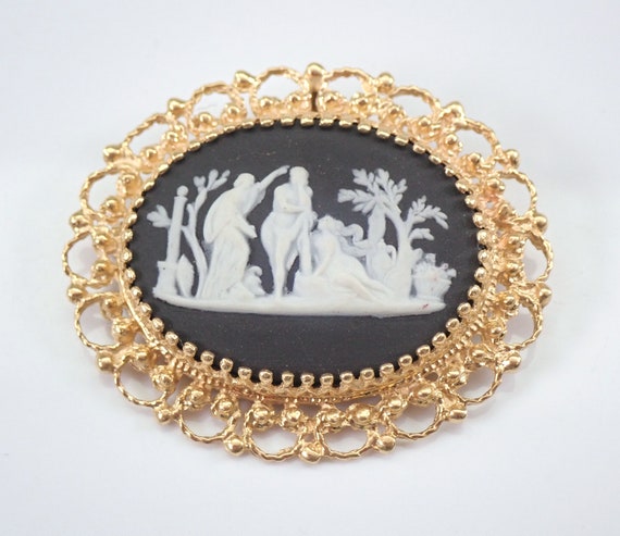 50s Vintage Wedgwood Jasper Cameo, 14K Yellow Gold Antique Designer Brooch, Unique Goddess Motif Pendant, Made in England