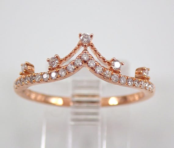 Rose Gold Diamond Chevron Ring - Stackable Crown Cocktail Band - Fine Jewelry Fashion Gift
