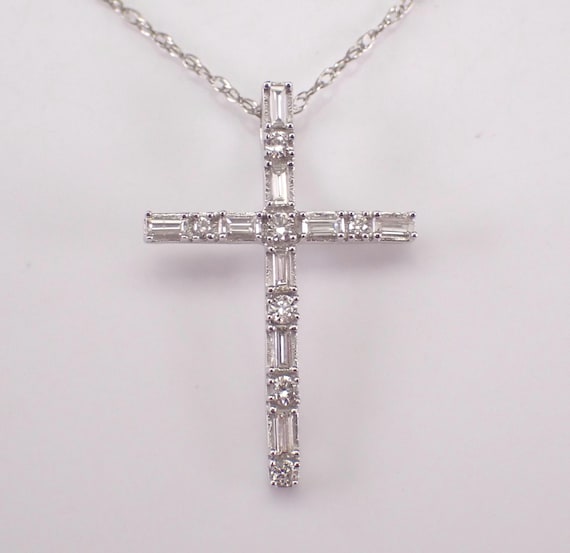 14K White Gold Baguette Diamond Cross Necklace: Religious Charm Pendant and Chain