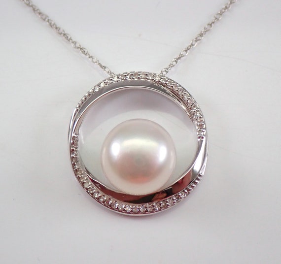 Pearl and Diamond Pendant Necklace - 14KT White Gold Circle Drop Choker - June Birthstone Jewelry