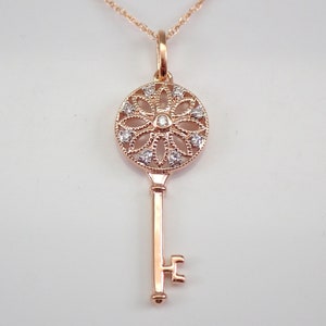 Echte diamanten KEY-bedelhanger - massief roségouden sierlijke chokerketting - trouwdag bruidscadeau