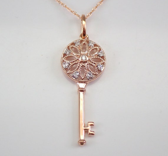 Genuine Diamond KEY Charm Pendant - Solid Rose Gold Dainty Choker Necklace - Wedding Day Bride Gift