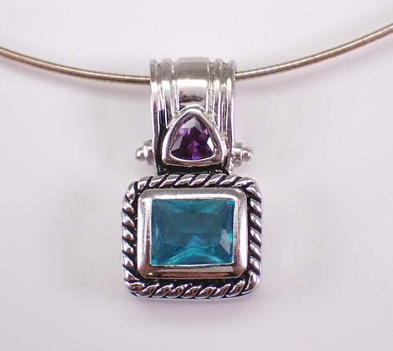 Vintage Blue Topaz Slide Pendant Choker, Unique Sterling Silver Amethyst Necklace, Estate Bezel Set Omega Chain Jewelry Gift