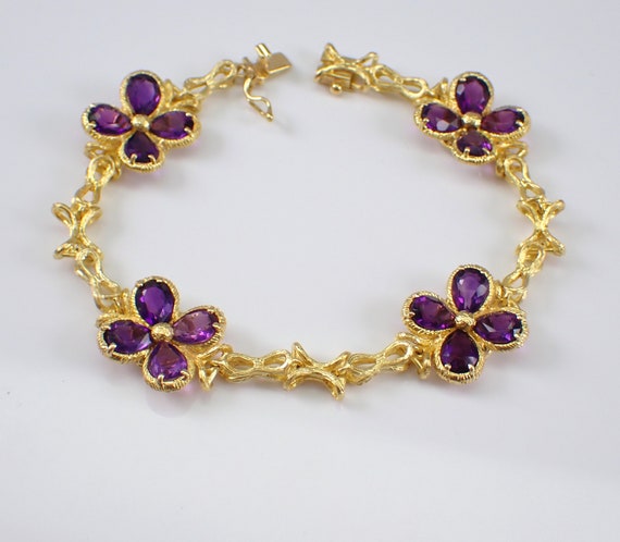 18K Yellow Gold Amethyst Flower Bracelet - Vintage Floral Statement Link - 80s Unique Retro Jewelry Gift