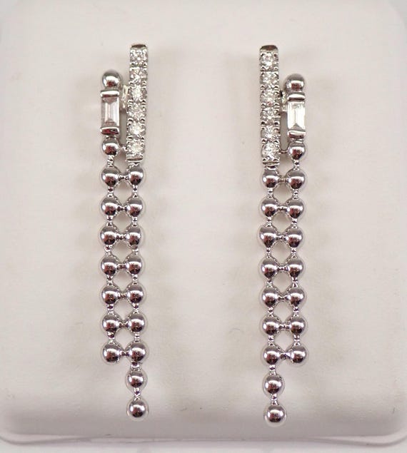 14K White Gold Diamond Earrings - Unique Beaded Multi Row Bar Drops - Bridal Fine Jewelry Wedding Gift