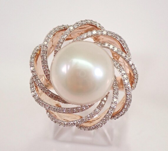 14K Rose Gold South Sea Pearl Ring - Diamond Spiral Engagement Setting - Unique Gemstone Fine Jewelry Gift