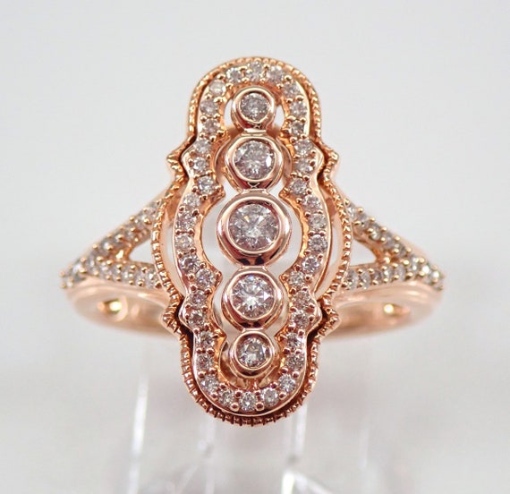 14K Rose Gold Diamond Cocktail Ring - Vintage Antique Inspired Band - Unique Scalloped Halo Setting