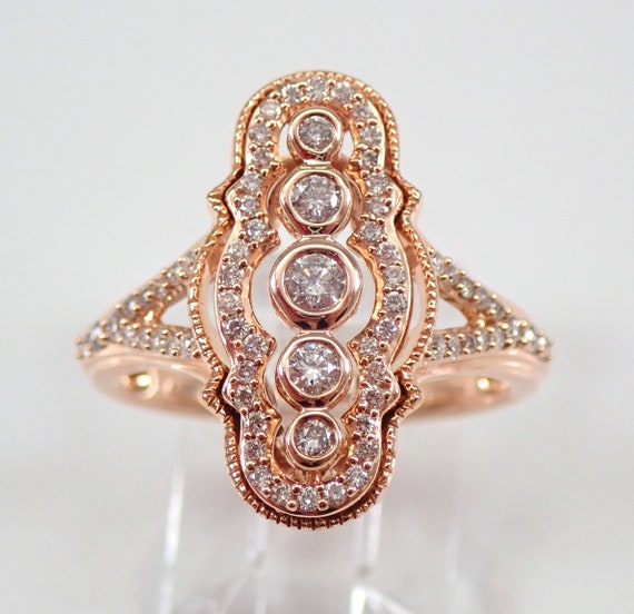 Genuine Diamond Cocktail Ring - 14k Rose Gold Vintage Style Ring - Unique Elongated Scalloped Design - Art Deco Setting