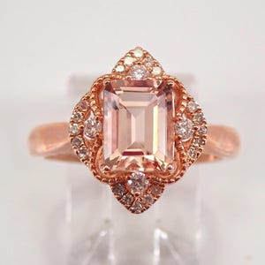 Rose Gold Morganite Cocktail Ring - Diamond Engagement Set Setting - Emerald Cut Gemstone Jewelry Gift