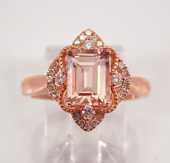 Rose Gold Morganite Cocktail Ring - Diamond Engagement Set Setting - Emerald Cut Gemstone Jewelry Gift