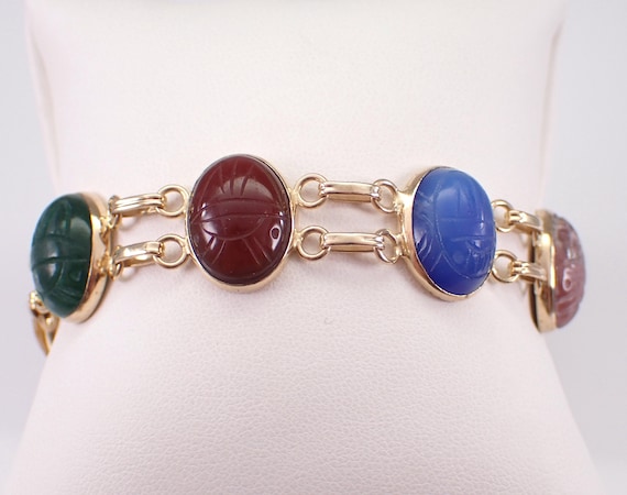 Vintage 14K Yellow Gold Scarab Bracelet - Carved Beetle Tigers Eye Carnelian Jade Blue Lace Agate Bloodstone.
