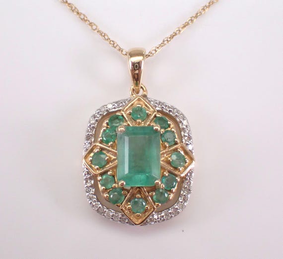 14K Yellow Gold Emerald Charm Pendant - Diamond Halo Necklace with Chain - Gemstone Cluster Jewelry Gift