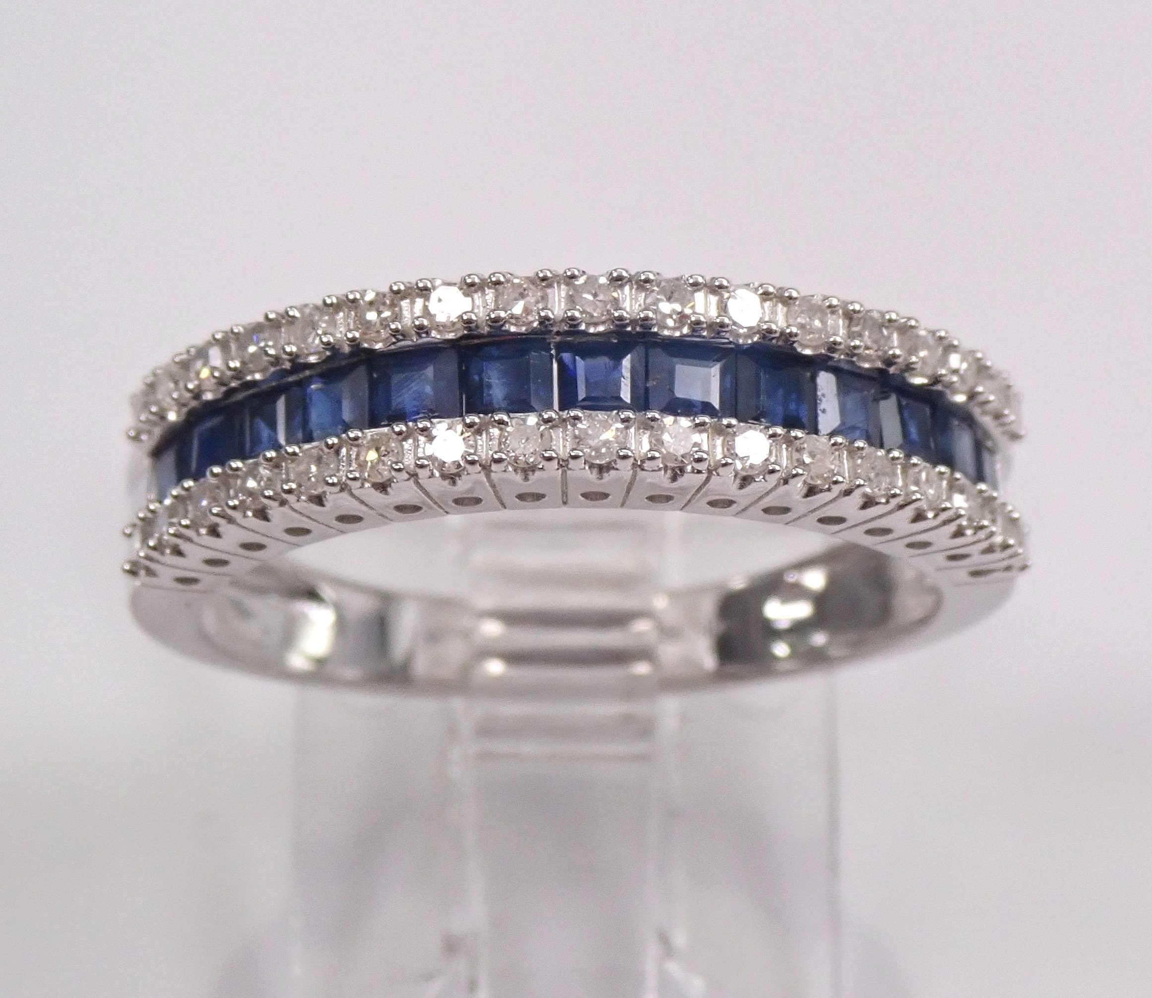 Diamond and Sapphire Wedding Ring Princess Cut Anniversary Band 14K White Gold Size 7