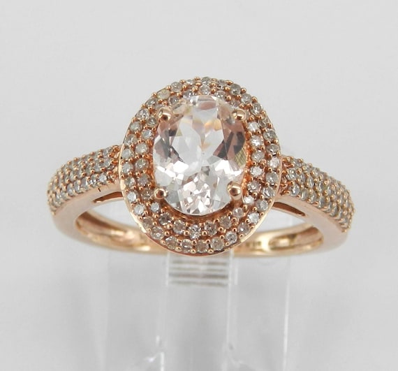 Morganite and Diamond Engagement Ring - Rose Gold Double Halo Setting - Pink Gemstone Jewelry Gift