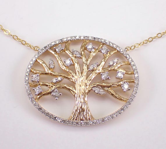 14K Yellow Gold Diamond TREE of LIFE Necklace - Large Circle Halo Pendant and Chain - Unique Fine Jewelry Station Choker