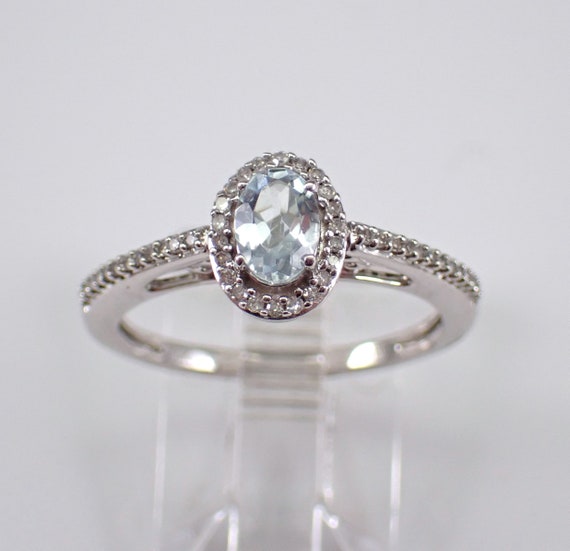 Aquamarine and Diamond Engagement Ring - White Gold Diamond Halo Setting - Aqua Marine March Gemstone Jewelry Gift