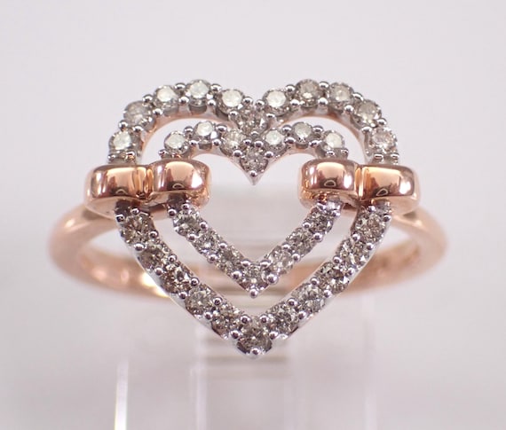 Rose Gold Diamond Heart Ring: Dainty Two Tone Double Heart Promise Band