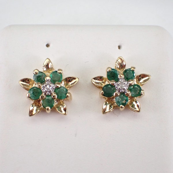 Emerald and Diamond Stud Earrings, Solid Yellow Gold Flower Vintage Jewelry, May Birthstone Dainty Star Studs
