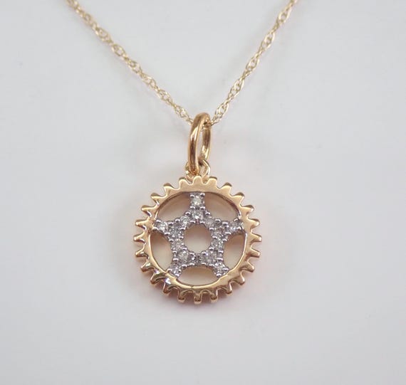 Diamond Circle of Life Pendant Necklace, Solid Yellow Gold Petite Jewelry Gift, Cog Gear Wheel Charm and Chain
