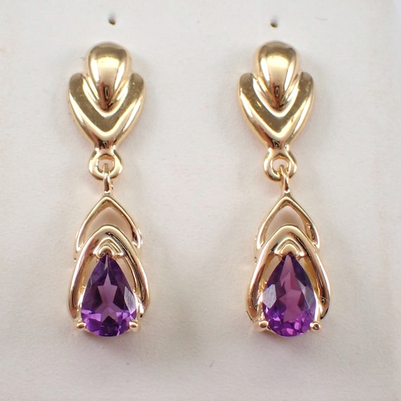 Vintage Amethyst Dangle Earrings - 14K Yellow Gold Gemstone Jewelry - GalaxyGems Estate Birthday Gift