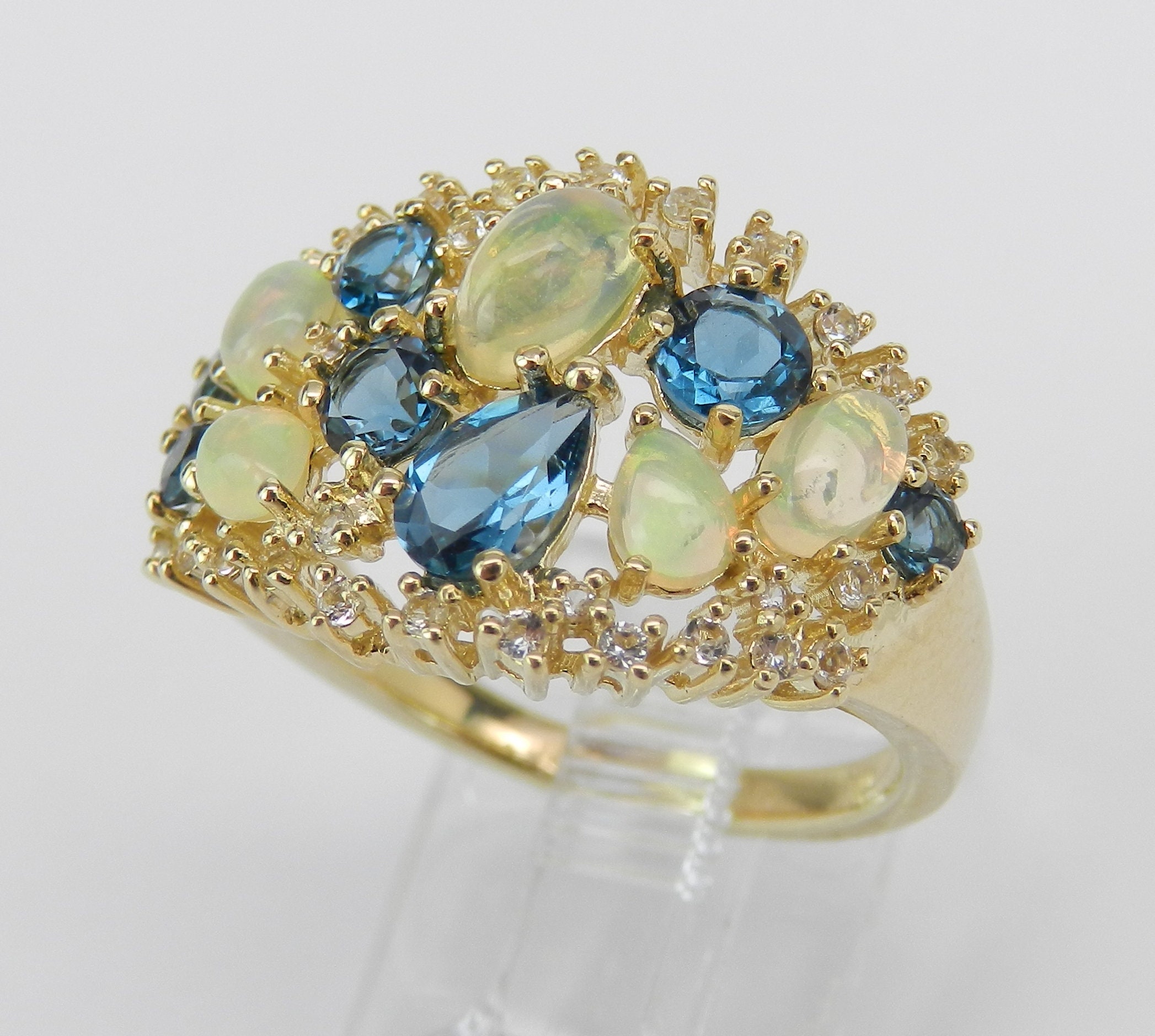 Yellow Gold Opal London Blue Topaz White Sapphire Cocktail Ring Size 7