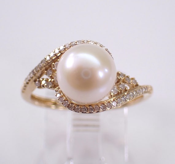14K Yellow Gold Pearl Engagement Ring - Crossover Diamond Bridal Setting - June Birthstone Fine Jewelry Gift