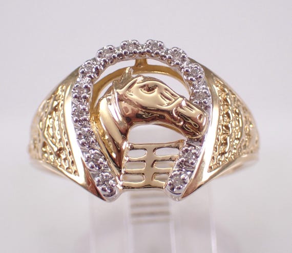 Mens Yellow Gold Diamond Horse Ring - Unique Lucky Horseshoe Band -  Equestrian Fine Jewelry Gift