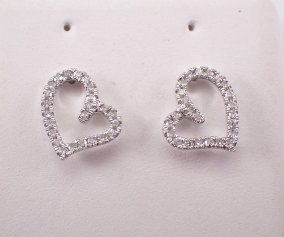 White Gold Diamond Heart Earrings - Petite Open Screwback Studs - Dainty Birthday Fine Jewelry Gift