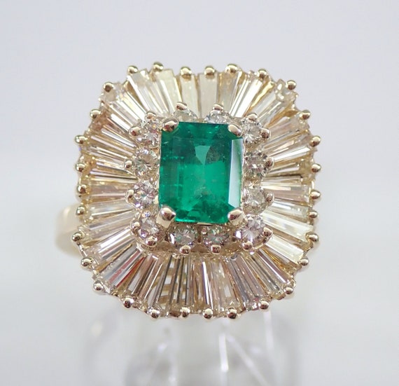 14K Yellow Gold Emerald Ballerina Ring - Baguette Diamond Halo Setting - Vintage Bridal Engagement Fine Jewelry Gift