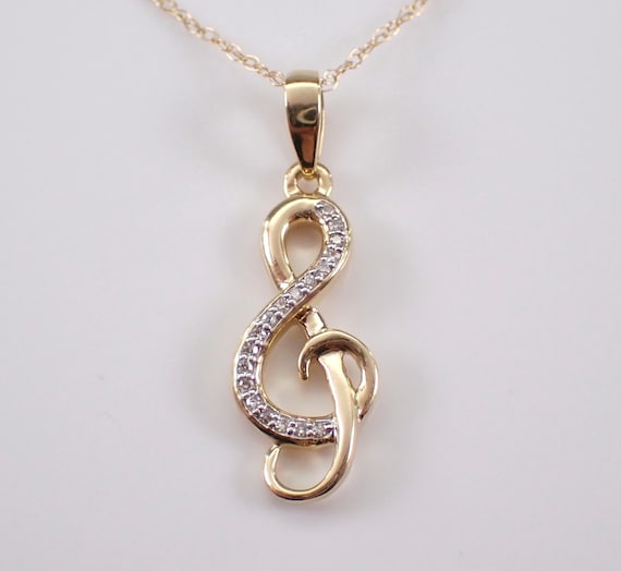 Diamond Music Clef Charm Pendant - Yellow Gold Choker Necklace and Chain  - Wedding Birthday Fine Jewelry Gift