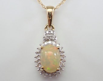 Opal and Diamond Halo Pendant Necklace - Dainty Yellow Gold Choker Charm and Chain - October Birthstone Jewelry Gift