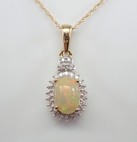 Opal and Diamond Halo Pendant Necklace - Dainty Yellow Gold Choker Charm and Chain - October Birthstone Jewelry Gift