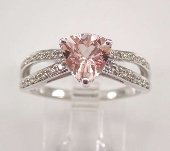 White Gold Morganite Engagement Ring - Trillion Gemstone and Diamond Setting - Dainty Bridal Fine Jewelry Gift