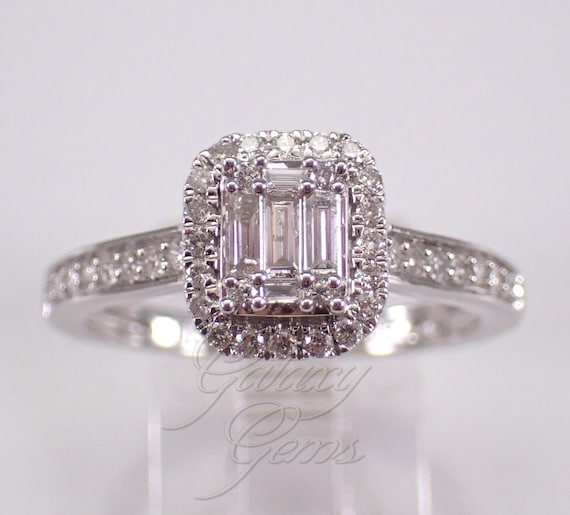 White Gold Diamond Halo Engagement Ring - Baguette Cluster Bridal Fine Jewelry Gift