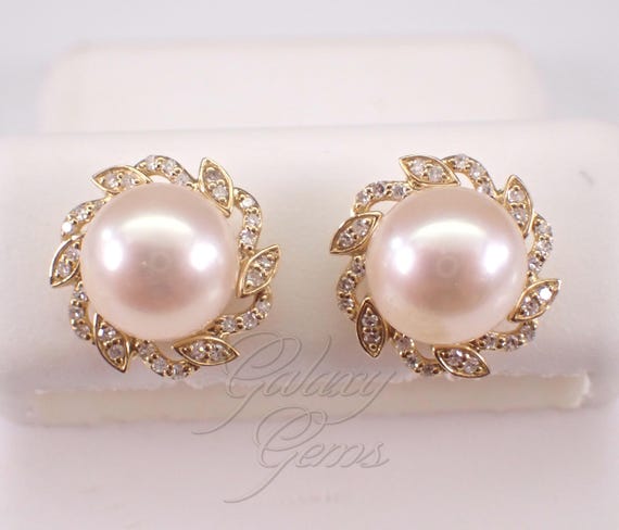Yellow Gold Pearl and Diamond Stud Earrings, Unique Bridal Fine Jewelry Gift