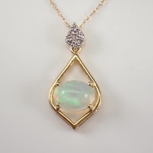 Teardrop Opal and Diamond Necklace: Yellow Gold Pendant Charm Choker Chain - October Birthstone Fine Jewelry Gift