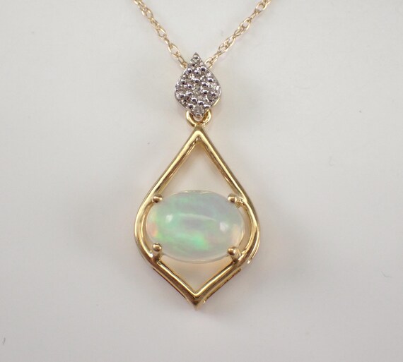 Teardrop Opal and Diamond Necklace: Yellow Gold Pendant Charm Choker Chain - October Birthstone Fine Jewelry Gift