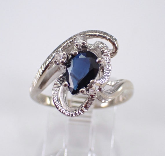 Vintage 14K White Gold Sapphire Ring - Antique Diamond Engagement Setting - September Birthstone Estate Jewelry Gift