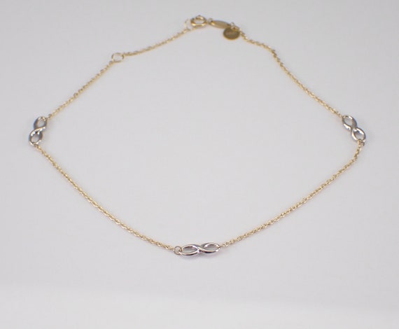 Vintage 14K Yellow Gold Infinity Anklet - Unique Estate Two Tone Station Charm Bracelet
