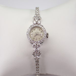 Antique 14K White Gold Diamond HAMILTON Watch - Art Deco Ladies Tennis Bracelet Wristwatch