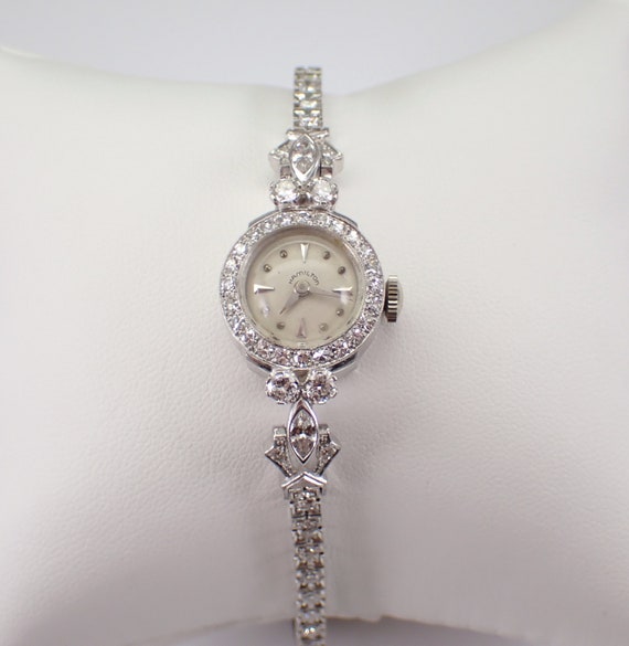 Antique 14K White Gold Diamond HAMILTON Watch - Art Deco Ladies Tennis Bracelet Wristwatch