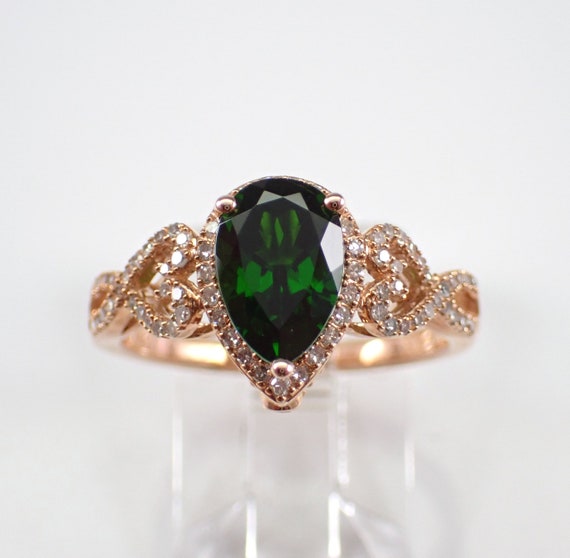 Chrome Diopside Engagement Ring, Rose Gold Forest Green Color Teardrop Bridal Jewelry - Diamond Halo Setting