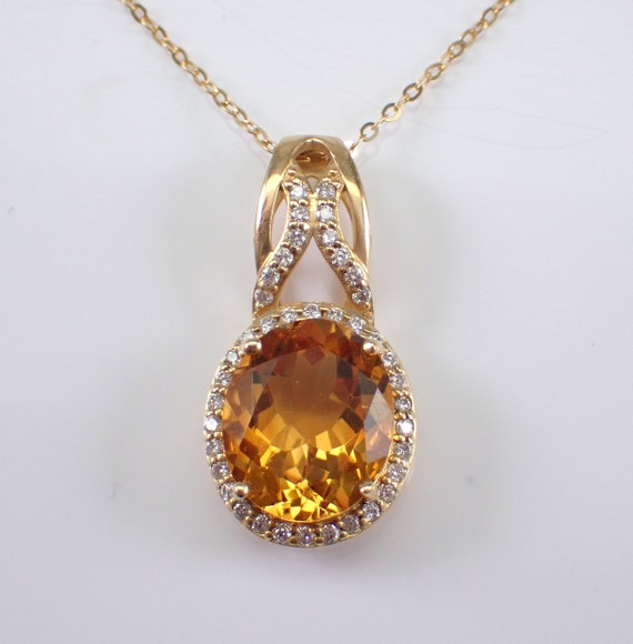 Oval Citrine and Diamond Necklace - 14K Yellow Gold Gemstone Halo Pendant Slide - November Birthstone Jewelry Gift