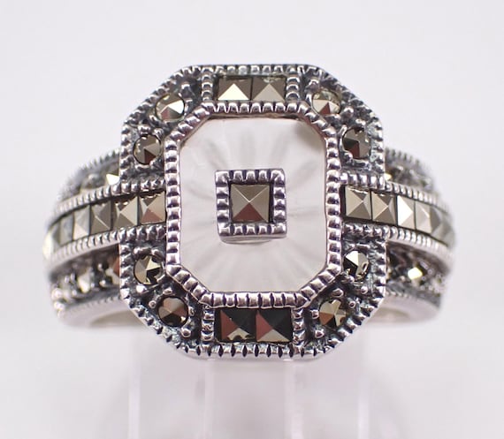 Vintage Sterling Silver Camphor Glass Ring - Estate Judith Jack Marcasite Band - Unique Antique Jewelry Gift