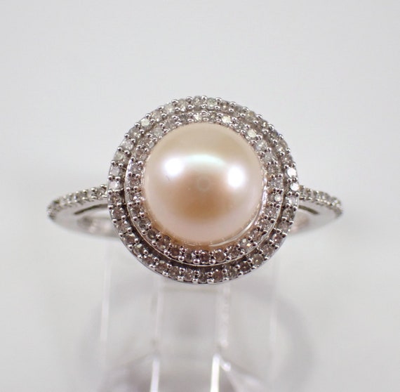 Pearl Engagement Ring - Genuine Diamond Halo Setting - Solid White Gold Band - June Birthstone Jewelry Gift