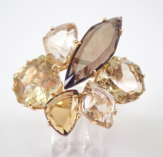 14K Yellow Gold Smokey Topaz and Citrine Ring - Large Unique Rutilated Quartz Ring - One Of A Kind Gemstone Fine Jewelry Gift