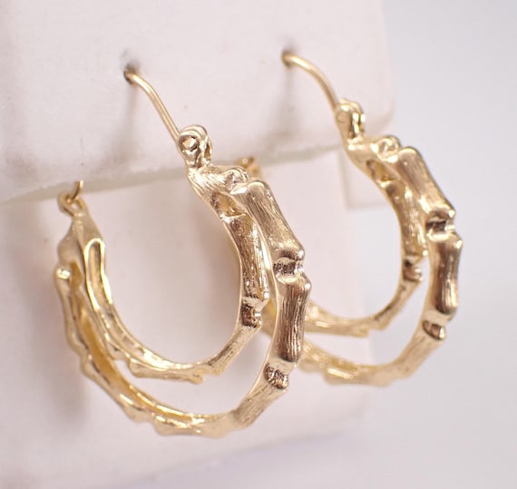 Vintage 14K Yellow Gold Hoop Earrings - Multi Row Bamboo Huggie Hoops - Estate Unique Jewelry Gift