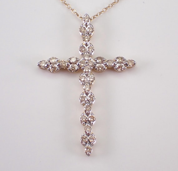 Unisex Diamond CROSS Pendant - Yellow Gold Religious Necklace - Crucifix Charm Gift on Thin 18 inch Chain