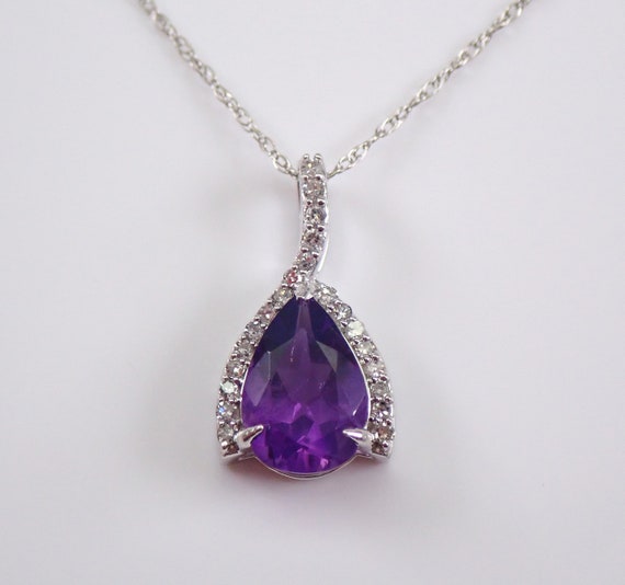 Teardrop Amethyst and Diamond Pendant, White Gold Genuine Gemstone Necklace, February Birthstone Jewelry Gift for Her