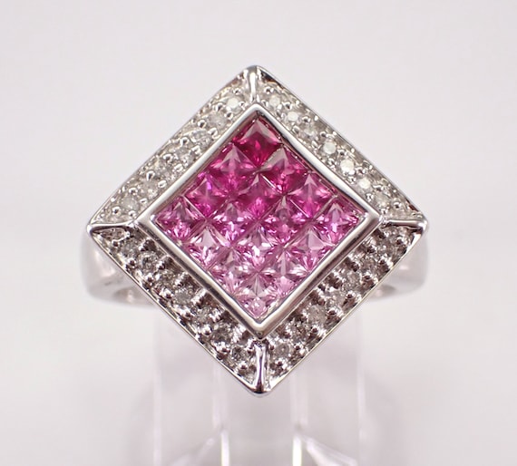 14K White Gold Pink Sapphire and Diamond Ring - Square Princess Cut Gemstone Cluster Band - Gradient Fine Jewelry Gift
